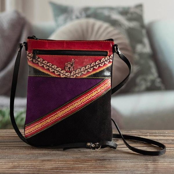 Alternate image for Small Suede Shoulder Bag with Llama on Mountain Image Traveling Llama