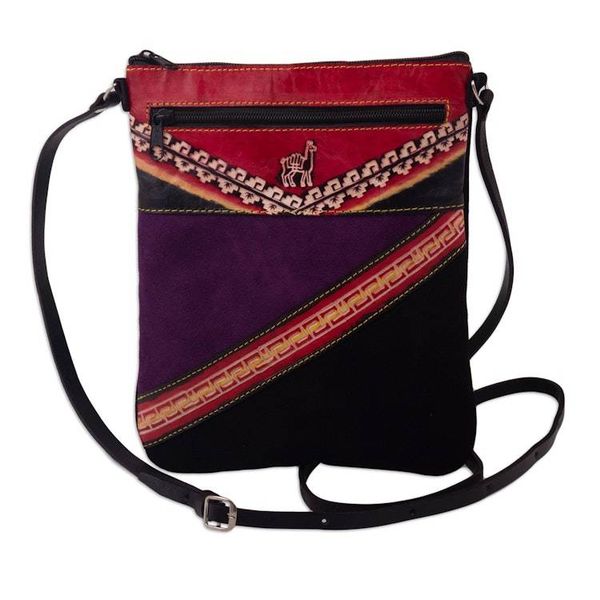 Alternate image for Small Suede Shoulder Bag with Llama on Mountain Image Traveling Llama