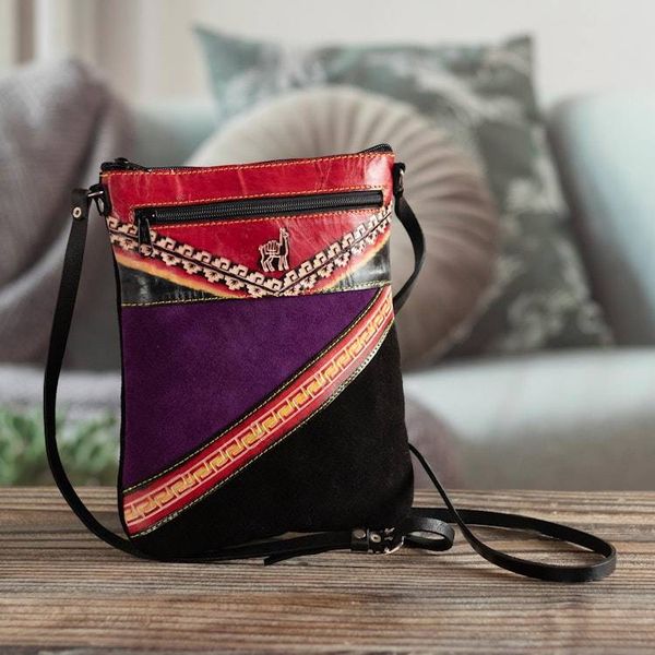 Alternate image for Small Suede Shoulder Bag with Llama on Mountain Image Traveling Llama