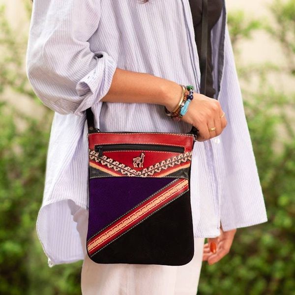 Alternate image for Small Suede Shoulder Bag with Llama on Mountain Image Traveling Llama