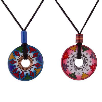 Alternate image for Hand Painted Pink and Blue Ceramic Pendant Necklaces pair You and I