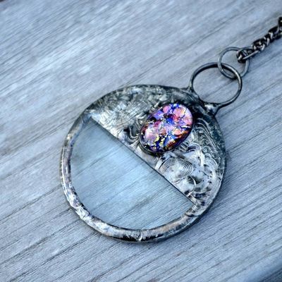 Alternate image for Handheld Magnifier Necklace, Clear Glass Pendant, Oval Opal Glass Accent, Magnifying Glass Jewelry