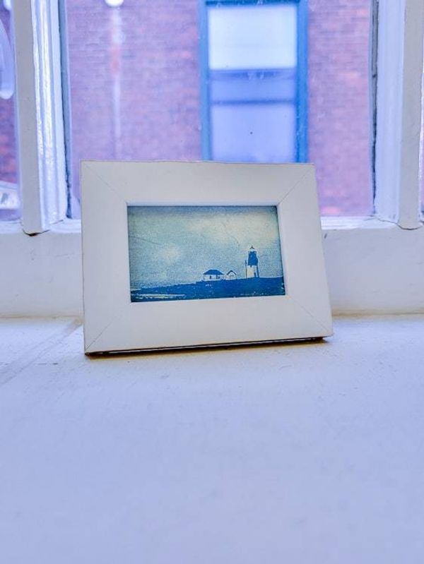 Alternate image for Handcrafted Cyanotype Point Judith Lighthouse Photograph in White Frame