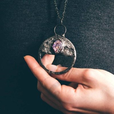 Alternate image for Handheld Magnifier Necklace, Clear Glass Pendant, Oval Opal Glass Accent, Magnifying Glass Jewelry