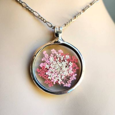 Alternate image for Large Pressed Flower Necklace, Pink Queen Annes Lace Pendant, Botanical Glass Jewelry