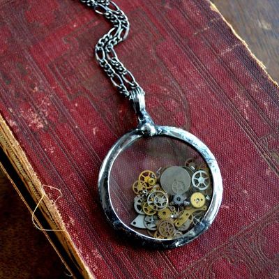 Alternate image for Antique Pocket Watch Crystal Pendant With Loose Moving Watch Parts Necklace