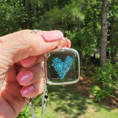 Alternate image for Blue Fused Glass Square, Heart Necklace for Women, Blue Bubble Heart Pendant, Handcrafted in USA