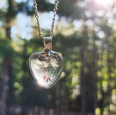 Alternate image for Dandelion Seed Heart Pendant Necklace for Women, Stained Glass Terrarium Jewelry, Three Seeds