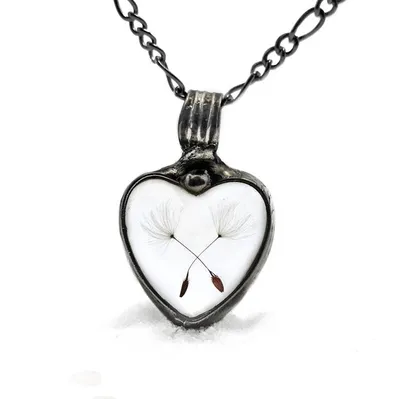 Alternate image for Dandelion Seed Heart Pendant Necklace for Women, Stained Glass Terrarium Jewelry, Three Seeds