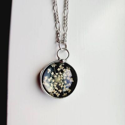 Alternate image for Pressed Flower Necklace for Women, Black Stained Glass Pendant, Natural Flower, Queen Annes Lace Jewelry