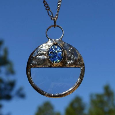 Alternate image for Magnifying Glass Necklace for Women, Blue Glass Opal Inset, Glass Magnifier Pendant, Useful Handmade Jewelry