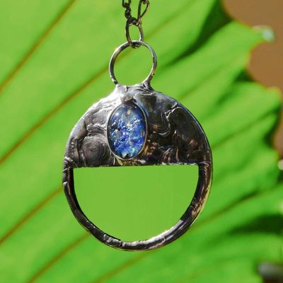 Alternate image for Magnifying Glass Necklace for Women, Blue Glass Opal Inset, Glass Magnifier Pendant, Useful Handmade Jewelry
