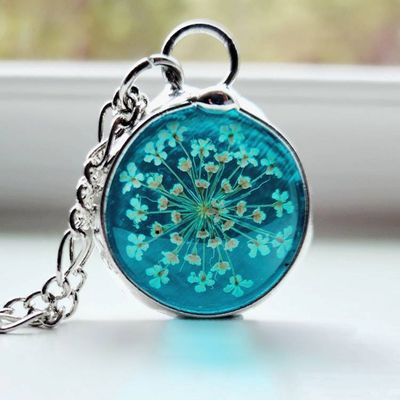 Alternate image for Pressed Flower Pendant Necklace for Women, Stained Glass Jewelry, Real Queen Annes Lace, Natural Flower Pendant