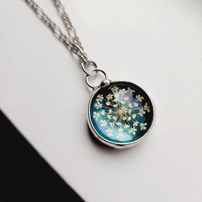 Alternate image for Pressed Flower Pendant Necklace for Women, Stained Glass Jewelry, Real Queen Annes Lace, Natural Flower Pendant