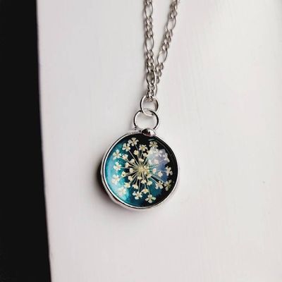 Alternate image for Pressed Flower Pendant Necklace for Women, Stained Glass Jewelry, Real Queen Annes Lace, Natural Flower Pendant