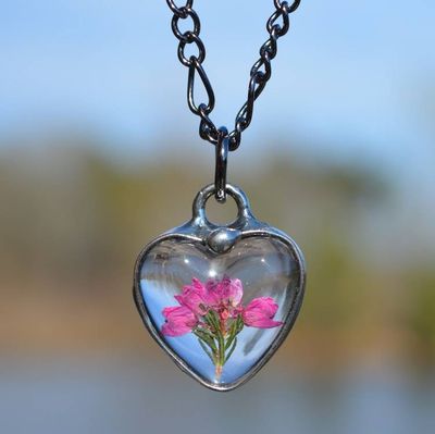 Alternate image for Pressed Flower Necklace for Women, Dainty Heather Heart Pendant Charm, Glass not Resin, Real Pink Wildflowers