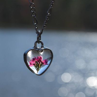 Alternate image for Pressed Flower Necklace for Women, Dainty Heather Heart Pendant Charm, Glass not Resin, Real Pink Wildflowers