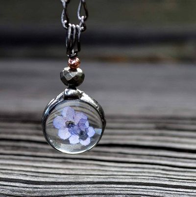 Primary image for Pressed Flower Jewelry for Women, Real Forget Me Not Flower Necklace, Handcrafted of Quality Glass