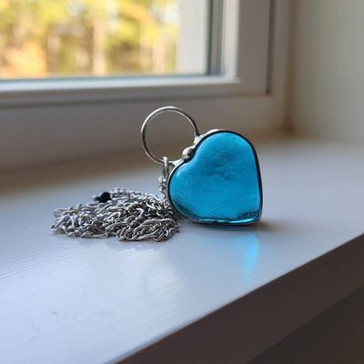 Alternate image for Chunky Glass Heart Necklace for Women, Thick Aqua Heart Pendant, Handmade Stained Glass Jewelry