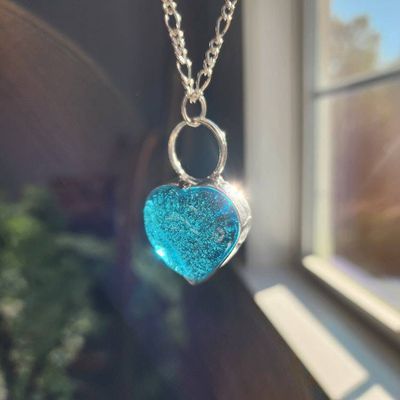 Alternate image for Chunky Glass Heart Necklace for Women, Thick Aqua Heart Pendant, Handmade Stained Glass Jewelry