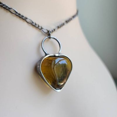 Alternate image for Chunky Glass Heart Pendant, Amber Heart Necklace, Yellow Glass Heart Jewelry