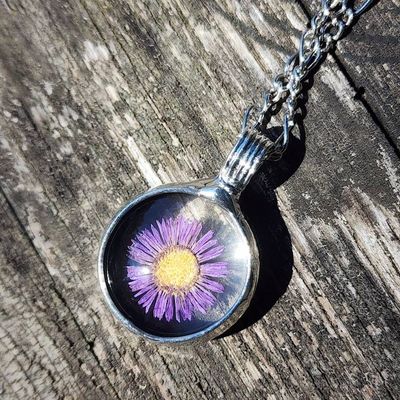 Alternate image for Purple Flower Necklace for Women, Dry Pressed Flower Jewelry, Glass not Resin, Real Aster Pendant, September Birth Flower