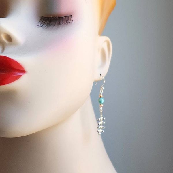 Alternate image for Handmade Long Dangle Earrings, Turquoise & Copper with Sterling Silver Ear Wires