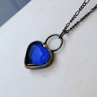 Alternate image for Handmade Chunky Heart Necklace, Thick Glass Pendant, Blue Heart Jewelry, Valentines Day Gift for Her