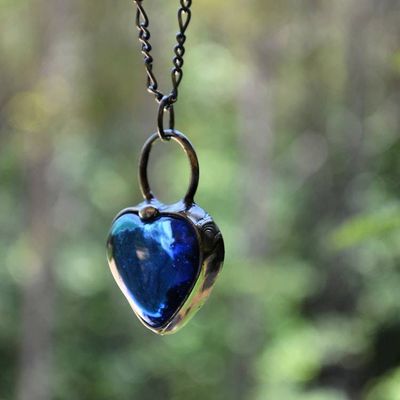 Alternate image for Handmade Chunky Heart Necklace, Thick Glass Pendant, Blue Heart Jewelry, Valentines Day Gift for Her