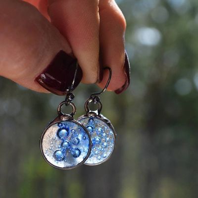Primary image for Blue Bubble Dot Earrings, Handcrafted Fused Glass Dangles, Blue Mermaid Kiss Drop Earrings