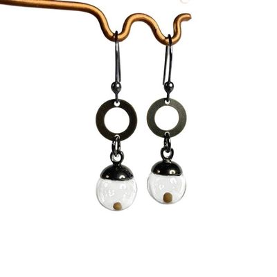 Alternate image for Mustard Seed Earrings, Glass Orbs with Free Moving Seed, Faith of a Mustard Seed Jewelry, Oxidized .925 Sterling Ear Wires