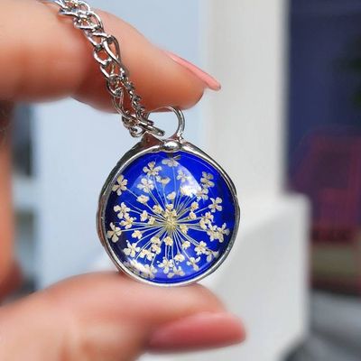 Primary image for Stained Glass Pendant, Pressed Flower Jewelry, Queen Annes Lace Necklace for Women, Glass not Resin