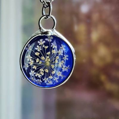 Alternate image for Stained Glass Pendant, Pressed Flower Jewelry, Queen Annes Lace Necklace for Women, Glass not Resin