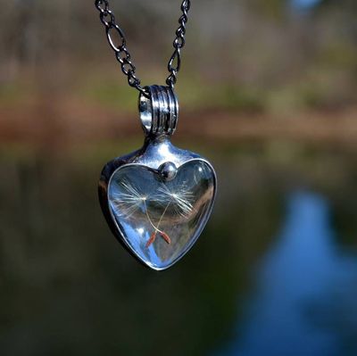 Alternate image for Dandelion Seed Heart Pendant Necklace for Women, Stained Glass Terrarium Jewelry, Three Seeds