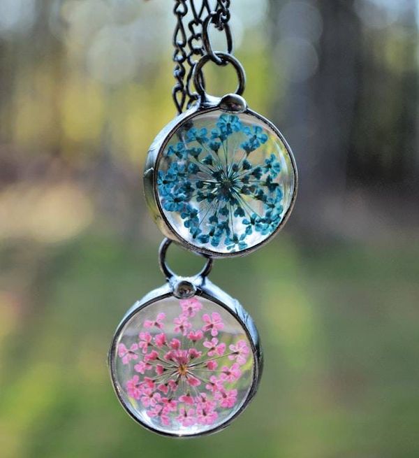 Alternate image for Pressed Flower Necklace for Women, Pink Queen Annes Lace Pendant, Dried Flower Jewelry