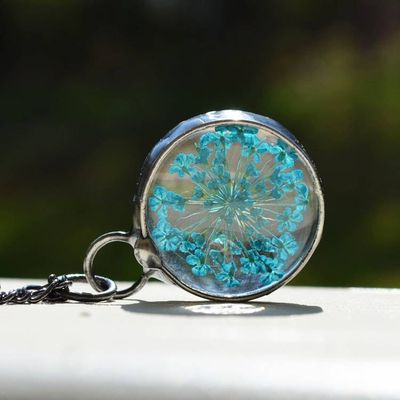 Alternate image for Pressed Flower Pendant Necklace for Women, Teal Queen Annes Lace Wildflowers, Glass not Resin
