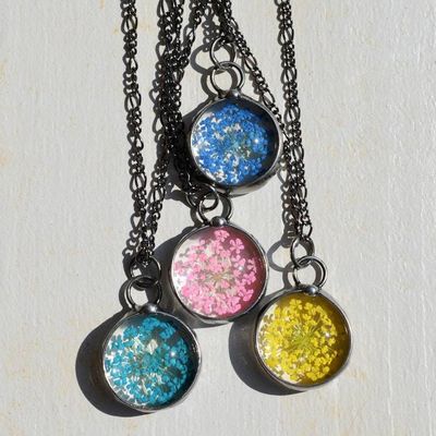 Alternate image for Pressed Flower Pendant Necklace for Women, Teal Queen Annes Lace Wildflowers, Glass not Resin