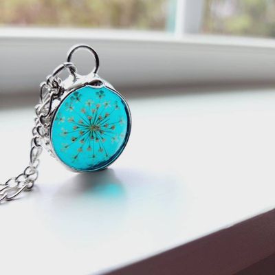 Alternate image for Pressed Flower Pendant Necklace for Women, Stained Glass Jewelry, Real Queen Annes Lace, Natural Flower Pendant