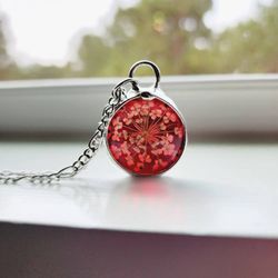 Image for Red Stained Glass Pendant for Women, Pressed Flower Necklace, Queen Annes Lace, Snowflake Jewelry
