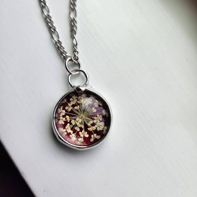 Alternate image for Red Stained Glass Pendant for Women, Pressed Flower Necklace, Queen Annes Lace, Snowflake Jewelry