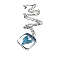 Image for Blue Fused Glass Square, Heart Necklace for Women, Blue Bubble Heart Pendant, Handcrafted in USA