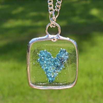 Alternate image for Blue Fused Glass Square, Heart Necklace for Women, Blue Bubble Heart Pendant, Handcrafted in USA
