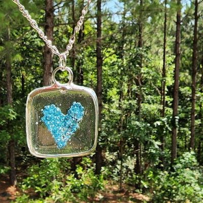 Alternate image for Blue Fused Glass Square, Heart Necklace for Women, Blue Bubble Heart Pendant, Handcrafted in USA