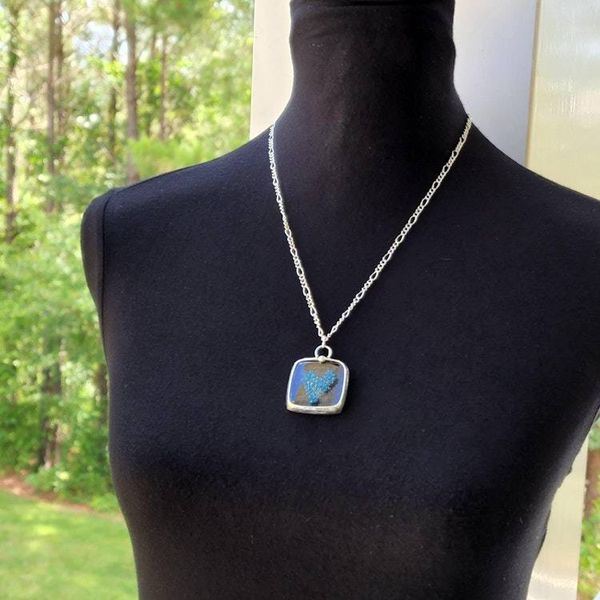 Alternate image for Blue Fused Glass Square, Heart Necklace for Women, Blue Bubble Heart Pendant, Handcrafted in USA