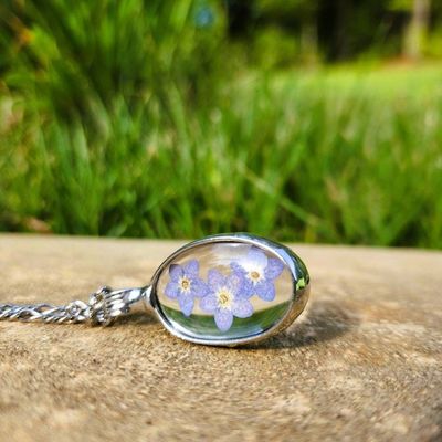 Alternate image for Pressed Flower Necklace for Women, Blue Forget Me Not Pendant, Quality Glass Jewelry
