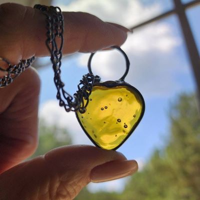 Alternate image for Chunky Glass Heart Pendant, Amber Heart Necklace, Yellow Glass Heart Jewelry