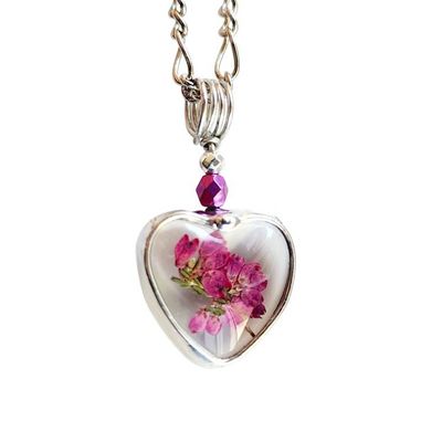 Alternate image for Pressed Flower Jewelry, Heather Heart Charm, Pink Scottish Heather Necklace, Quality Glass Pendant