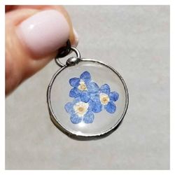 Image for Forget Me Not Flower Necklace Handmade Real Pressed Flower Memorial Botanical Pendant