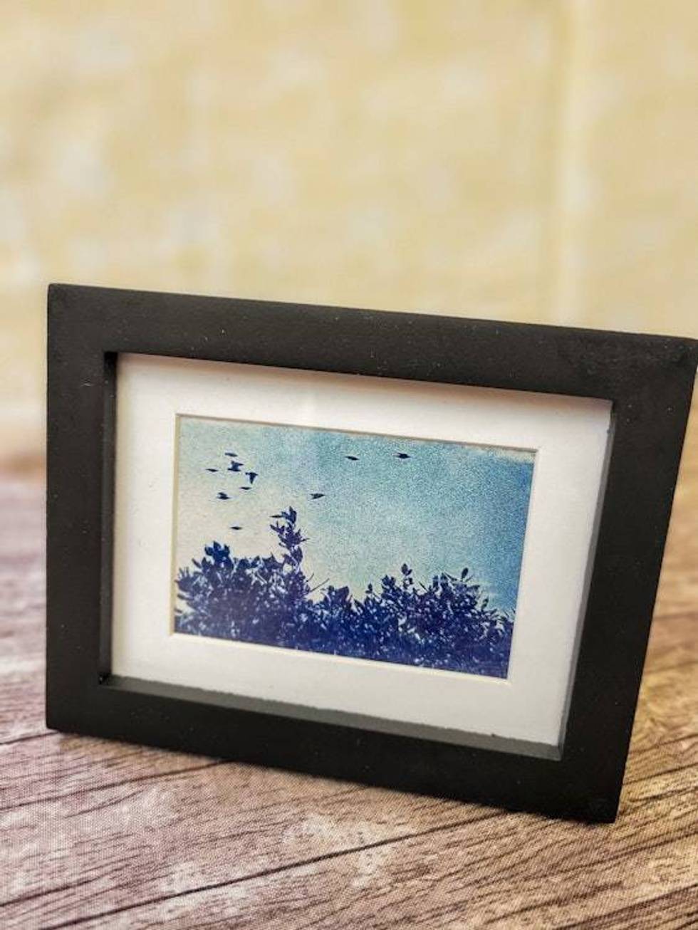 Miniature Framed Nature Cyanotype Photograph - Blue Sky, Foliage, and Birds