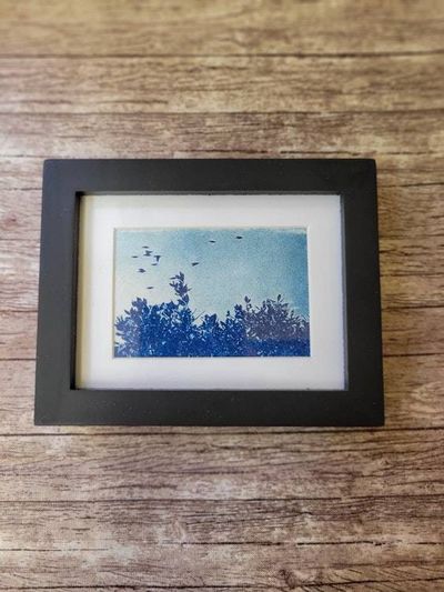 Alternate image for Miniature Framed Nature Cyanotype Photograph - Blue Sky, Foliage, and Birds